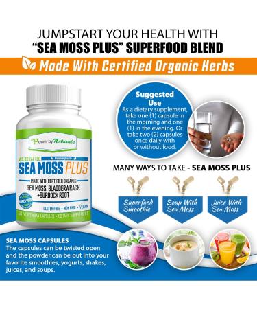 Power By Naturals Certified Organic Sea Moss Plus Supplements - 60 Vegan Capsules with Irish Sea Moss, Bladderwrack, and Burdock Root for Pure and Potent Seaweed Blend - Buy Online on GoSupps.com