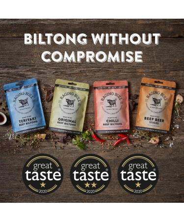 Raging Bull Chilli Beef Biltong - Authentic South African High Protein Snack | 250g Bag - Buy Online on GoSupps.com