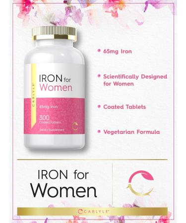Carlyle Iron Supplement for Women 65mg | 300 Coated Tablets | Vegetarian Non-GMO & Gluten Free - Buy Online on GoSupps.com
