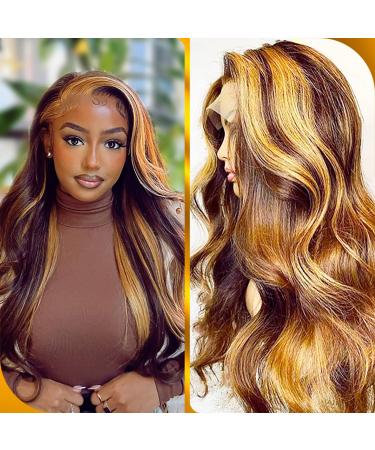 BEANATASHA 13x4 Highlight Ombre Lace Front Wig Human Hair 18 Inch 180% Density Body Wave Lace Front Wigs Human Hair P4/27 Star Popular Pre Plucked Glueless Colored Full And Thick(18) 18 Inch P4/27 wigs