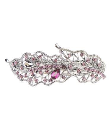 Ladies Vintage Look Silver Tone Metal Crystal Hair Barrette Stencil Leaves (Pink)