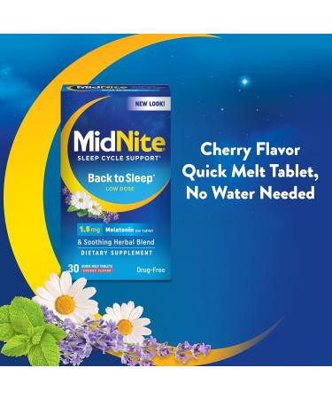 MidNite Back To Sleep Low Dose 1.5 mg Melatonin Sleep Aid Non-habit Forming Herbal Dietary Supplement For Adults Drug-free Gluten-free Lactose-free Vegetarian Vegan 30 Quick Melt Tablets 2 ct 30 Count (Pack of 2) - Buy Online on GoSupps.com