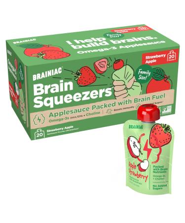 Brainiac Applesauce Pouches with Omega-3s, Apple Strawberry, 20 Count, 3.2 oz. – Unsweetened Applesauce with Immune Boosting Vitamin C, Omega-3s and Choline – Healthy Snacks for Kids for School, On-the-Go Apple Strawberry …