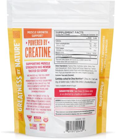 Zhou Nutrition Sugar-Free Creatine Monohydrate Chewables 5g - Organic Non-GMO Pink Lemonade Gummies for Men & Women | 60 Count - Buy Online on GoSupps.com