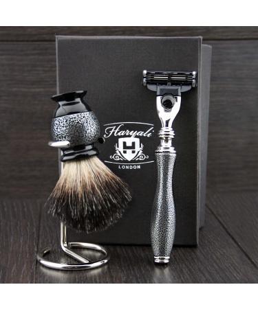 Haryali London Men's Shaving Set 3 Razor Blades Black Badger Hair Shaving Brush and Stand Perfect Set for Men