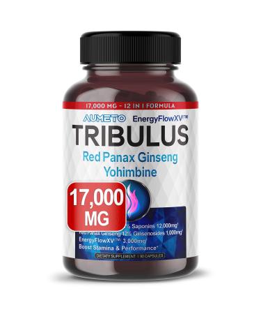 AUMETO Tribulus Terrestris 98% Saponins 17 000mg with Yohimbine Red Panax Ginseng Ashwagandha - Advanced 12-in-1 Formula for Boosting Energy Stamina & Endurance* - Made in The USA 90 Count (Pack of 1)