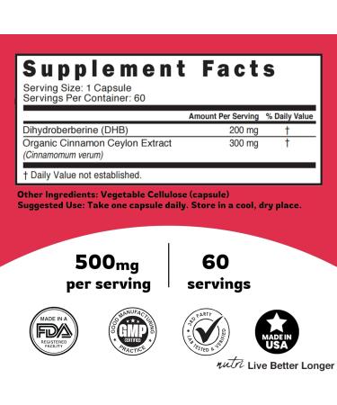 Dihydroberberine Supplement 200mg 60 Capsules - with Organic Ceylon Cinnamon 54X More Bioavailable Than Regular Berberine HCL - Nutri Supplements Dihydroberberine 200mg - 3rd Party Tested - Vegan DihydroBerberine 60 Count  - Buy Online on GoSupps.com