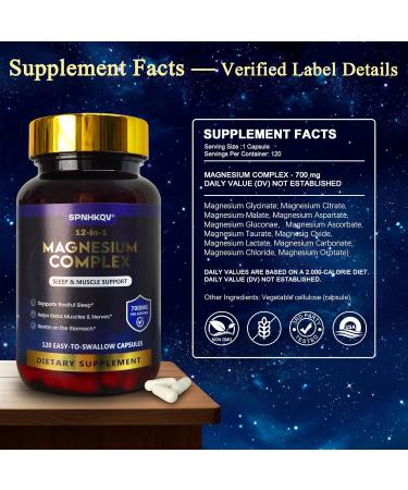 SPNHKQV Magnesium 12-in-1 Complex Supplement 700mg High Absorption Magnesium Glycinate Capsules for Women & Men Muscle Nerve & Sleep Support 120 Vegan Capsules - Buy Online on GoSupps.com