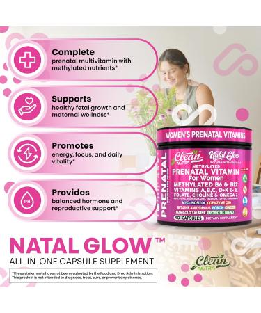 Natal Glow Methylated Prenatal Vitamins for Women Folate Omega 3 Vitamins A B12 C D3 E K2 Iron Riboflavin Biotin Choline Calcium Iodine Magnesium Zinc Selenium Copper Manganese by Clean Nutra - Buy Online on GoSupps.com