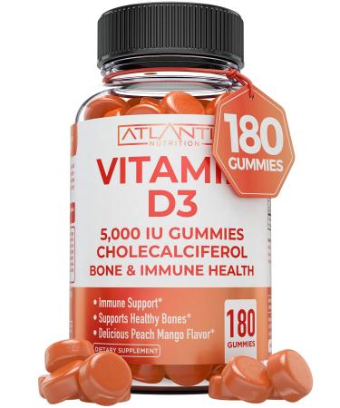 Vitamin D3 Gummies - 5000 IU Per Gummy - 180 Gummies Per Bottle - Formulated To Maintain Strong Bones & Teeth Supports Immune System Function & Enhance Mood - Delicious Peach Mango Flavour.