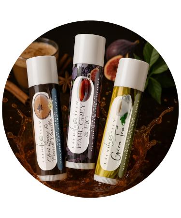 LATHER GREEN Tea-Inspired Natural Lip Balm Green Tea Chai & Vanilla Earl Grey Moisturizing Lip Balm Stick with Beeswax Coconut Oil & Vitamin E Plant-Based Tint-Free Pack of 3
