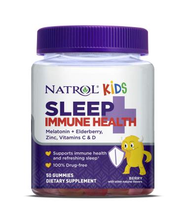 Natrol Kids Sleep Immune Health Aid Gummies with Melatonin Zinc Vitamin C and D - Elderberry - 50 Gummies 