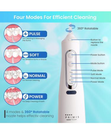 PRIMIS Cordless Water Flosser - 4 Modes, 6 Jet Tips, 310ML Tank - USB Rechargeable Oral Irrigator for Home & Travel - Waterproof Plaque Remover (White) - Buy Online on GoSupps.com