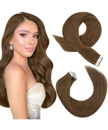 Moresoo Tape in Hair Extensions Brown Human Hair Extensions Tape in Real Hair Chestnut Brown Tape in Extensions 16 Inch 20 Pieces/50g #8 16 Inch #8