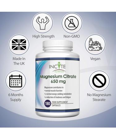 High Strength Magnesium Citrate 650mg | 180 Vegan Capsules | 6 Month Supply | Made in UK by Incite Nutrition - Buy Online on GoSupps.com