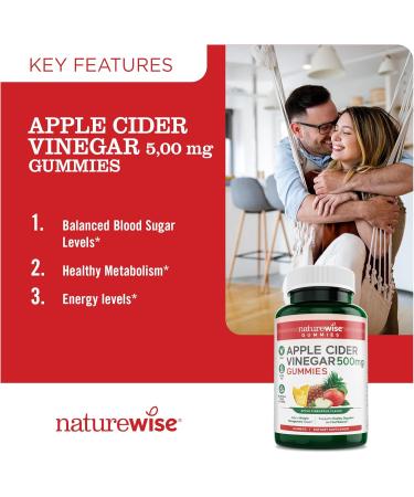 NatureWise Apple Cider Vinegar Gummies - 500mg Vegan ACV with Vitamin B12 for Energy & Gut Health - 60 Count - Apple-Pineapple Flavor - Buy Online on GoSupps.com