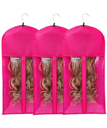 Wig Bags Storage with Hanger - 3 Packs Wig Storage for Multiple Wigs Hair Extension Storage Bag Hairpieces Storage Holder (Rose) 3 PCS Rose