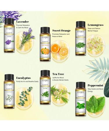 EUQEE Essential Oils Set - Lavender, Eucalyptus, Peppermint, Tea Tree, Sweet Orange, Lemongrass - 100% Pure Therapeutic Grade Aromatherapy Oils for Diffuser - 6 x 10ml White - Buy Online on GoSupps.com
