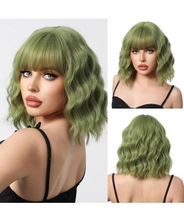 OUFEI Long Green Wig With Bangs Natural Wavy Wigs for Women Natural Synthetic Hair Heat Resistant Wigs for Daily Party Cosplay Wear Green(1163-1)