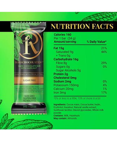 Ross Chocolates Dark Chocolate with Hazelnut sweetened with Stevia 34 gram (1 Bar) - Buy Online on GoSupps.com