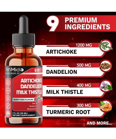 Tenmido Artichoke Extract Liquid Drops - 9in1 Herbal Supplements Liquid with Zinc Dandelion Milk Thistle Turmeric Resveratrol Pomegranate Ginger and Black Pepper - 30ml 1Fl Oz - Buy Online on GoSupps.com