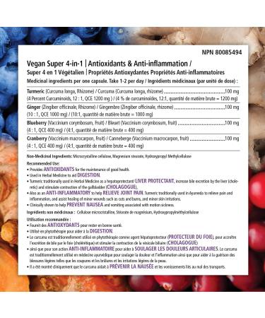 VEGANLY Vitamins Vegan Super 4-in-1 Antioxidants & Anti-inflammation Supplement 90 veggie capsules. Joint pain relief Easy digestion Liver health & Prevent nausea. Multi health benefits in a holistic approach to well-being. (NPN80085494) - Buy Online on GoSupps.com
