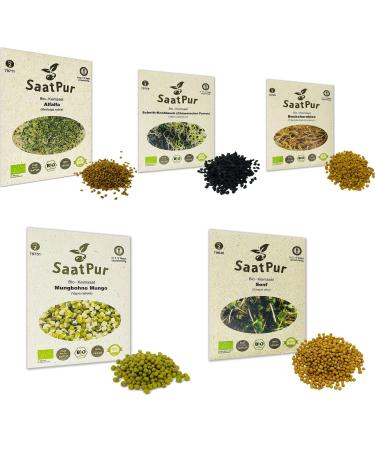 SaatPur BIO Keimsprossen Set Sortiment 5 BIO Sorten Asia Mix - Bockshornklee Alfalfa Mungo Senf chinesischer Porree Schnittknoblauch - Buy Online on GoSupps.com