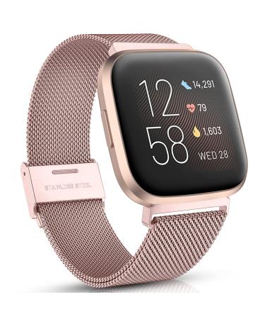 Maledan Metal Bands Compatible with Fitbit Versa/Fitbit Versa 2 Band for Women Men, Adjustable Stainless Steel Mesh Loop Bracelet Wristbands for Fitbit Versa 2/Versa/Versa Lite SE, Rose Gold A-Rose Gold (Fits for 6.0"-8.0")