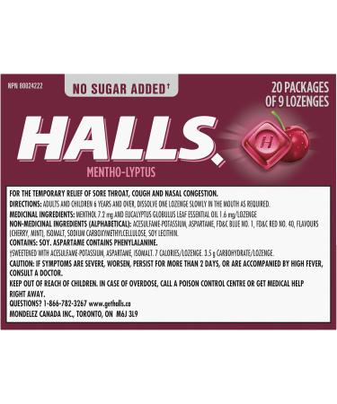 HALLS No Sugar Added Black Cherry Cough Drops Throat Lozenges Sore Throat Relief Mentho-Lyptus 9 Lozenges Cough Drops Black Cherry Singles (Full Tray) - Buy Online on GoSupps.com