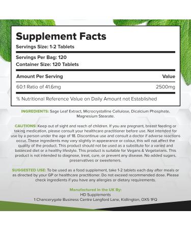 Sage Leaf Tablets for Menopause 2500mg - Supports Menopause & Perimenopause Symptoms | 120 Tablets Salvia Officinalis Vitamin Supplements - Buy Online on GoSupps.com