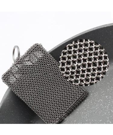GALOFAY Chainmail Scrubber High Density Stainless Steel Ring Cast Iron Cleaner Packaged Silicone Rubber Lining Pad for Skillet Wok Pot Pan Black