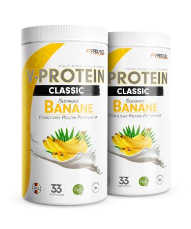 Vegan protein powder banana 2x1kg-V-protein-vegetable protein powder on peas protein base with 75.8% protein content-optimal protein value-vegan protein shake without soy & wheat banana (2 Pack)