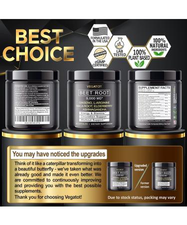 VEGATOT Beet Root Extract with Ginseng, L-Arginine, Maca, Spinach, Ashwagandha - 90 Count - USA Made & Tested - Energy, Stamina, Cardiovascular & Immune Support - Buy Online on GoSupps.com