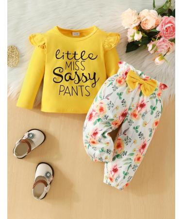 Puseky Toddler Baby Girls Cute Letter Print Long Sleeve Shirt Floral Pant Outfit Set 12-18 Months - Yellow + Floral - Buy Online on GoSupps.com