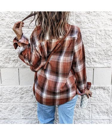 Routinfly Womens Autumn Color Block Plaid Jacket - Stylish Button Down Shirt Coat Top in L Orange | Fashion Casual Loose Fit - Buy Online on GoSupps.com