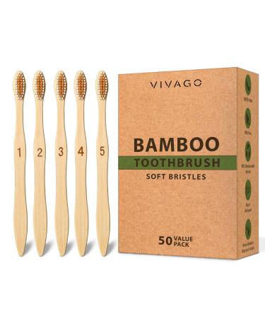 (50 Pack) VIVAGO Biodegradable Bamboo Toothbrushes Bulk Soft Bristles - Wooden & Natural Bamboo Bulk Toothbrush Individually Wrapped - Recyclable Toothbrushes Pack 50 Count (Pack of 1)