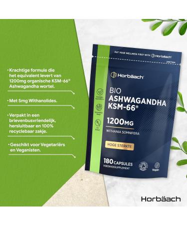Horbach Ashwagandha KSM66 Organic 1200mg Capsules 180 High Strength Vegan Capsules Organic Ashwagandha KSM Extract Supplement from Horbaach - Buy Online on GoSupps.com