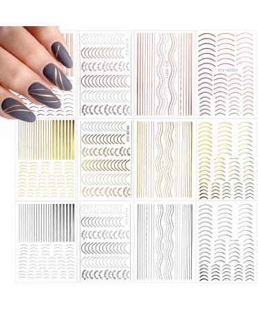 EBANKU 12 Sheets Gold Silver Metal Nail Stickers Metallic Curve Strip Line Nail Decal Self-Adhesive 3D Wave Design DIY Decoration for Women Girls