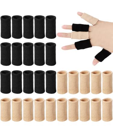 30 Pieces Finger Sleeves Elastic Compression Protector with 1 Storage Bag Finger Compression Sleeves Elastic Thumb Sleeve Finger Protector Sleeve for Relieving Pain Sports(Black + Beige)