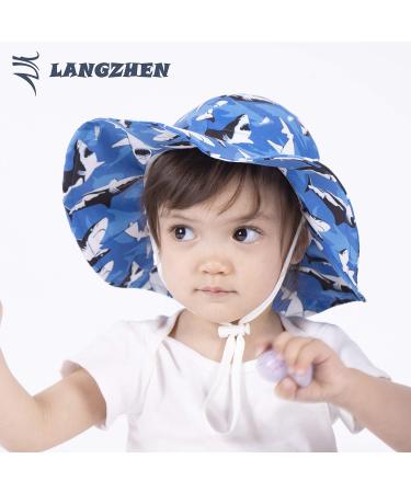 LANGZHEN Beach Sun Protection Hat for Baby Girls - Adjustable Wide Brim Toddler Kids Hat with Chin Strap - Black Shark-Blue - 2-4 Years - Buy Online on GoSupps.com