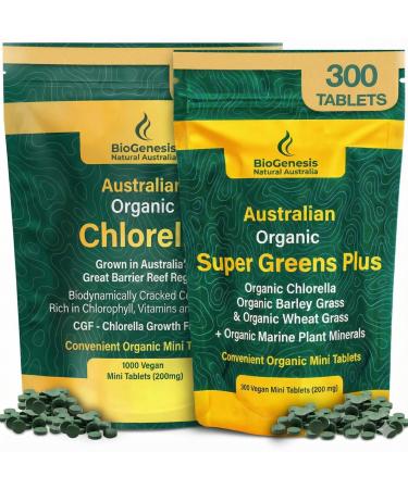 Biogenesis BioDynamic Wellness Collection Organic Chlorella (1000 Count) & SuperGreens Plus (300 Count) 200mg Mini Tablets | Rich in Chlorophyll Wheatgrass & Barley Grass | Vegan Energy Detox & I