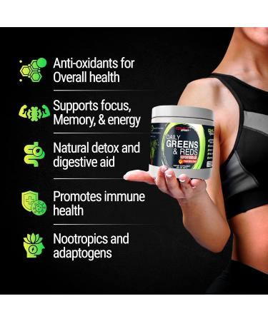 GMU SPORT Daily Greens and Reds Super Greens Powder 42 Superfoods Probiotics Adaptogens Antioxidants for Gut Health Superfood Powder for Mental Focus Organic Greens Powder - Peach Berry Flavor - Buy Online on GoSupps.com