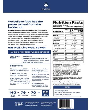 Aviate Keto Brownie Mix - Midnight Fudge Chocolate - 0 Net Carb, Sugar-Free & Gluten-Free Dessert - Lupini Flour Low Carb Brownie Mix (8.8 oz) | Keto-Friendly Snack - Buy Online on GoSupps.com