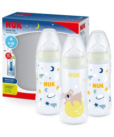 NUK First Choice+ Night Baby Bottle Set | 6-18 Months | Glow in The Dark | Temperature Control | Anti-Colic Valve | 300ml | BPA Free | Silicone Teat | Koala | 3 Pack First Choice+ 3 count (Pack of 1) red
