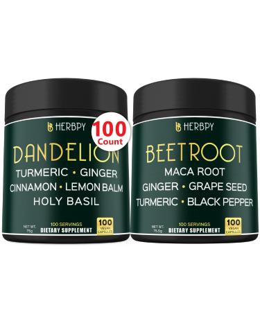 Herbpy Bundle 6in1 Dandelion Supplement & 6in1 Beet Root Capsules - Support Digestive Immune and Heart Health