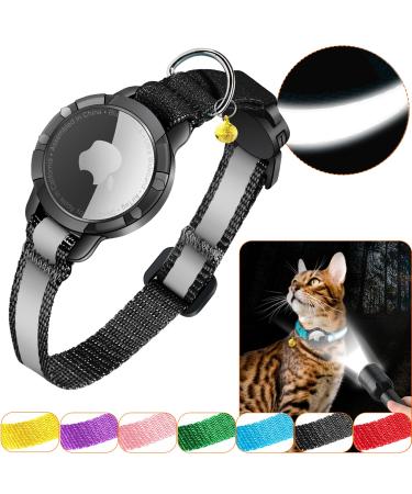 Airtag cat neck band - integrated cat collar Airtag waterproof reflective diny day collar cat collar with safety lock elastic for kitten small dog (black XS) XS (18-23cm) black