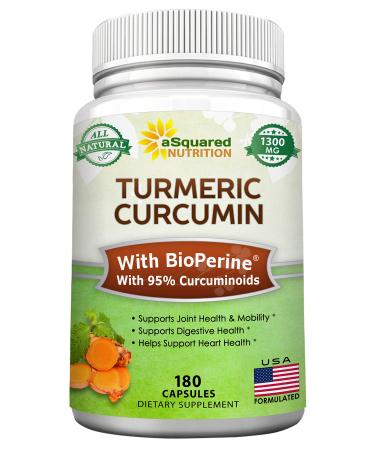Turmeric Curcumin 1300mg with BioPerine Black Pepper Extract - 180 Capsules - with 95 Curcuminoids 100 Natural Tumeric Root Powder Supplements Pure Anti-Inflammatory Joint Pain Pills