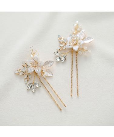 SWEETV 2Pcs Handmade Wedding Hair Pins Flower Bridal Hair Pin-Beaded Wedding Hair Accessories for Brides 1.Gold - Buy Online on GoSupps.com