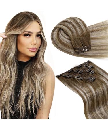 Laavoo balayage clip in Extensions real hair blonde 55cm hair extension real hair clip in extensions blond full of head real hair extensions clip light brown platinum blond platinum blonde Remy #8/60/8 7PCs 105g 55cm-105g 2.5/6