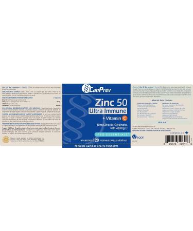 CanPrev Zinc Immune + Vitamin C | 120 Capsules | 50mg of Zinc Bis-Glycinate with 400mg of Vitamin C - Buy Online on GoSupps.com